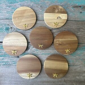 VTG Drink Coasters 3.75 Inch Dragonfly Accent Gold Tone Wooden Set of 7 Bohemian